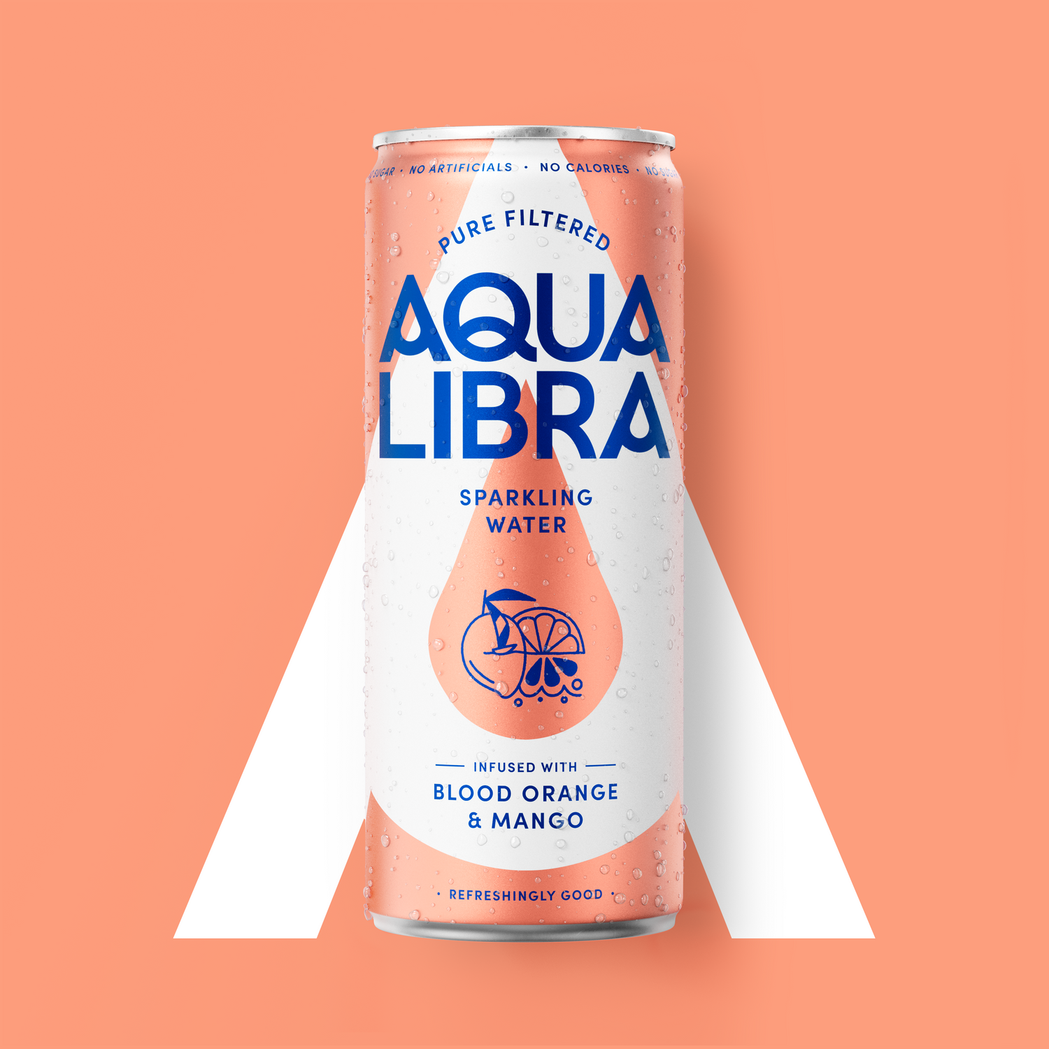 Aqua Libra sparkling water can with blood orange and mango flavor on a peach background