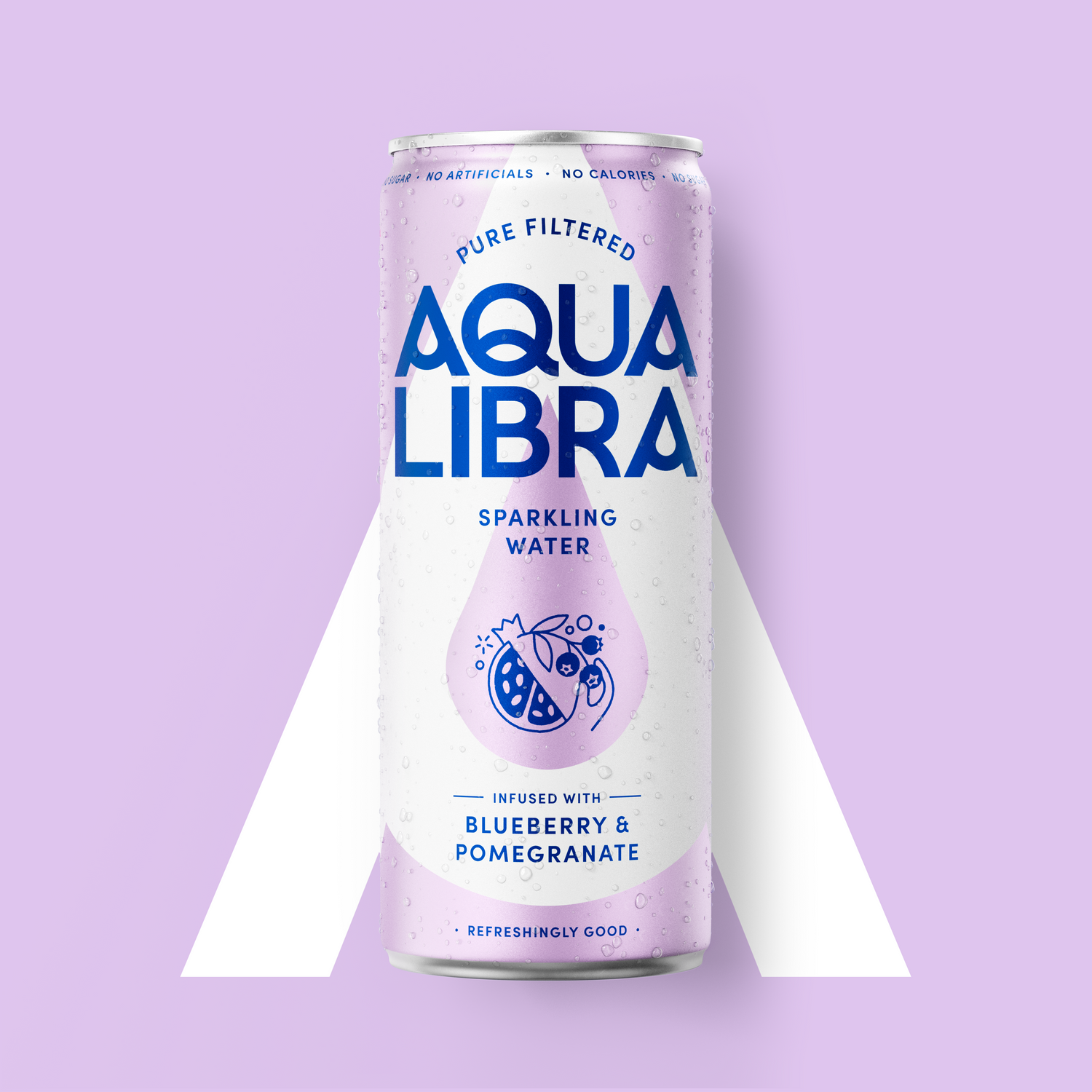 Aqua Libra sparkling water can on a light purple background