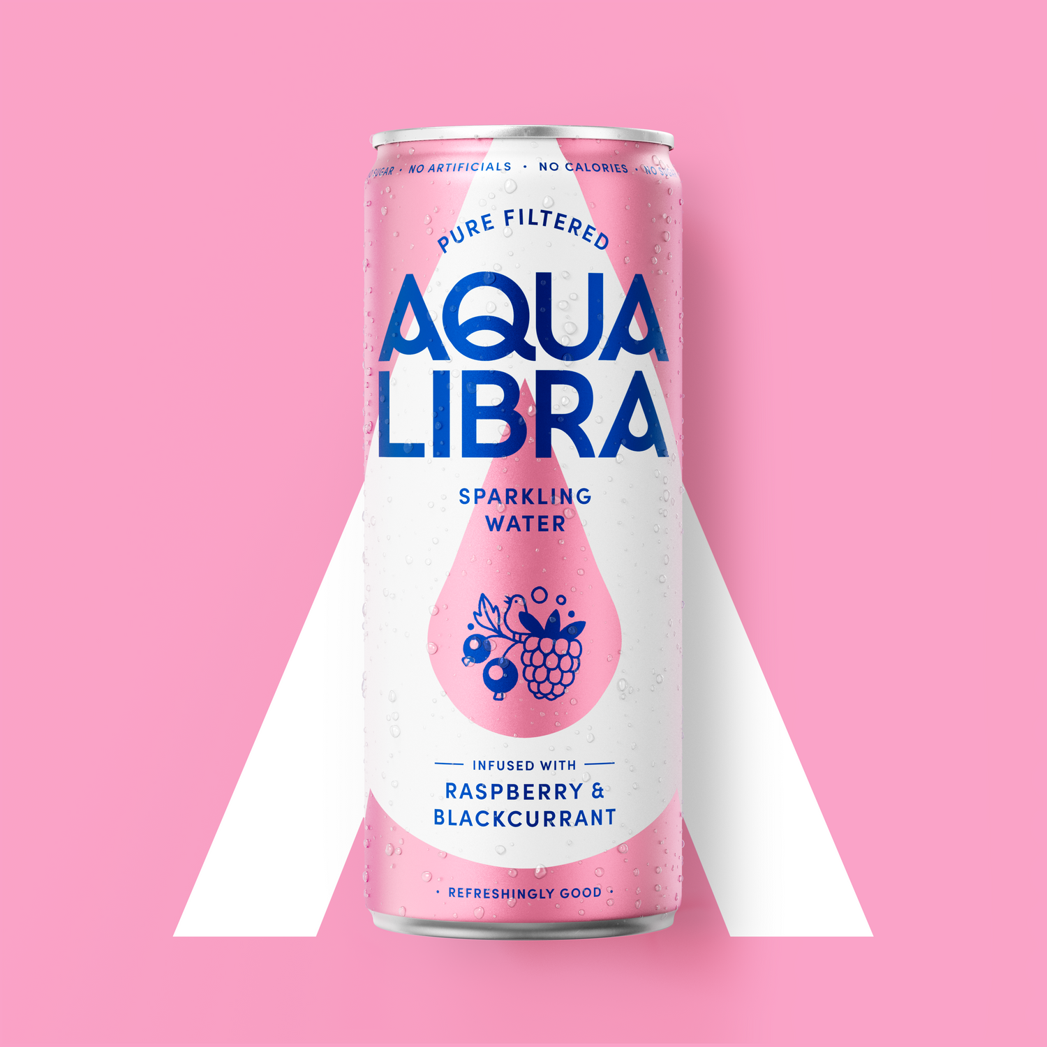 Aqua Libra sparkling water can on a pink background