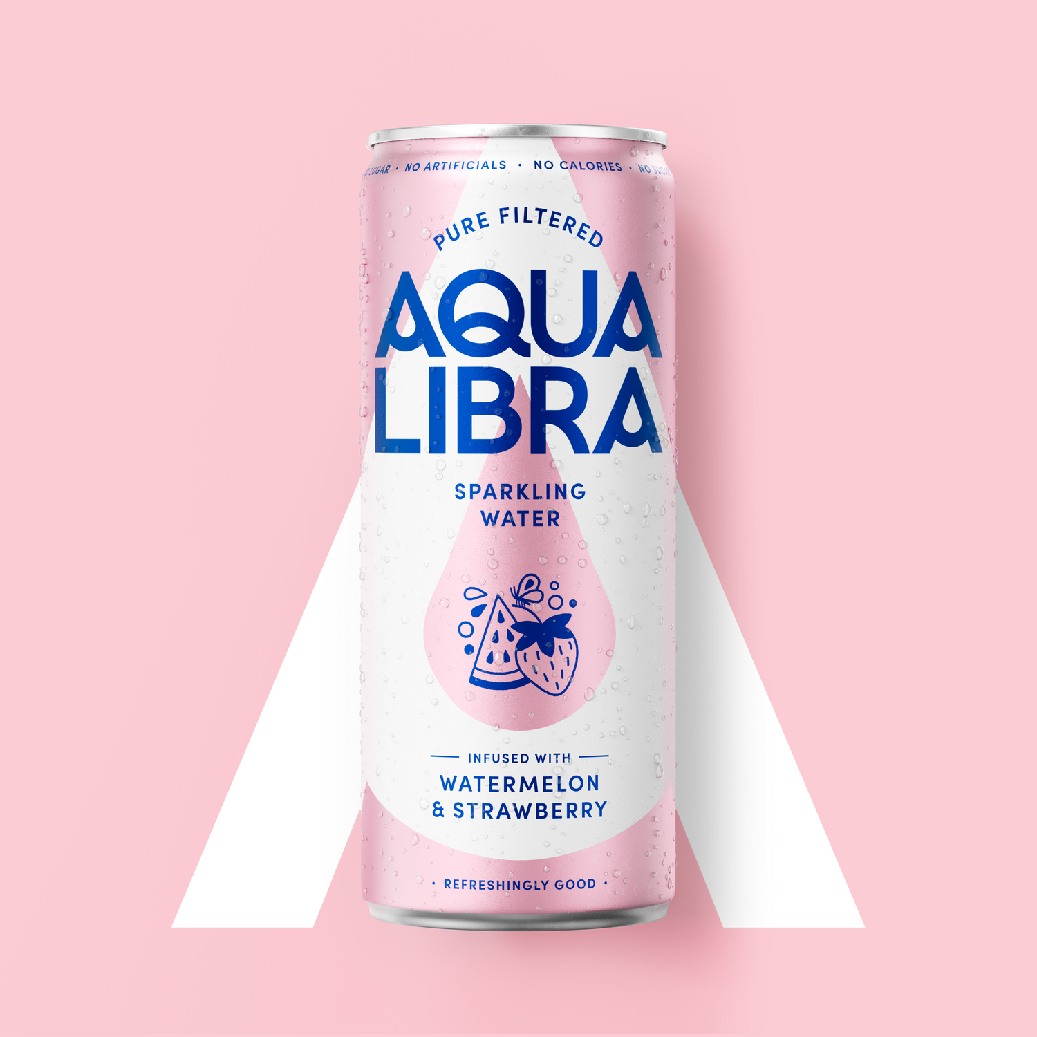 Aqua Libra sparkling water can with pink label on a pink background