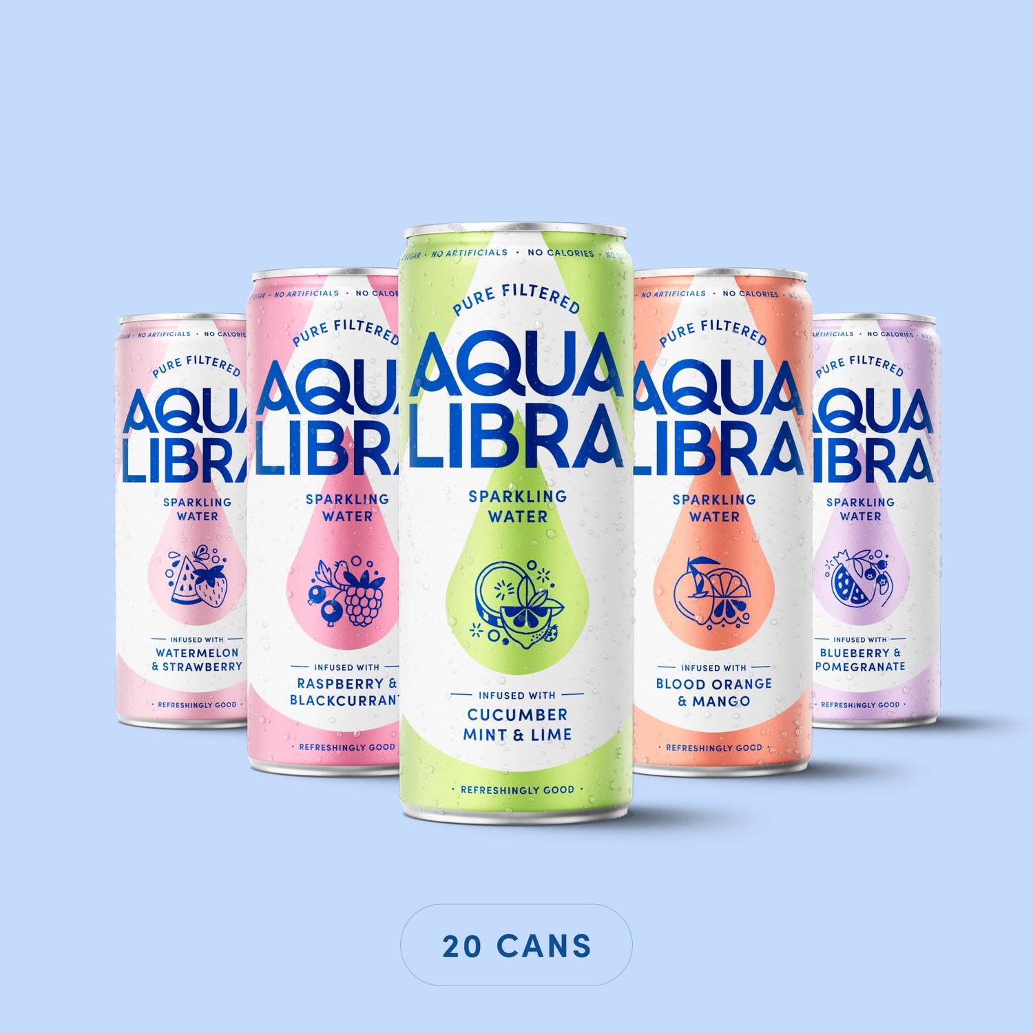 Aqua Libra sparkling water cans on a light blue background