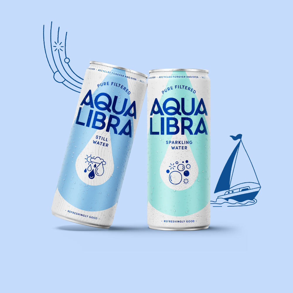 Two cans of Aqua Libra water on a light blue background with minimal design elements.