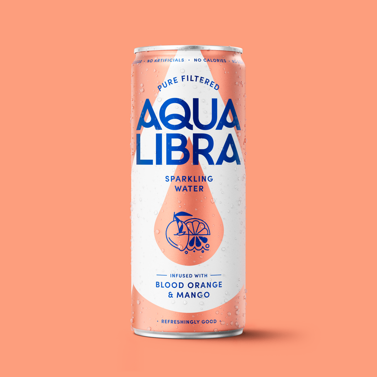Aqua Libra sparkling water can on a peach background