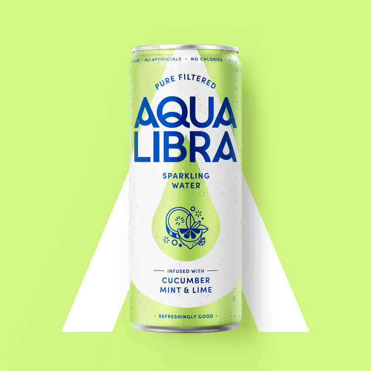 Aqua Libra sparkling water can on a green background