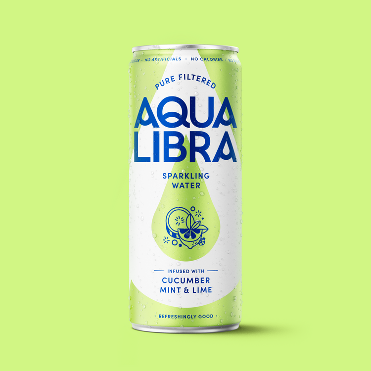 Aqua Libra sparkling water can on a green background