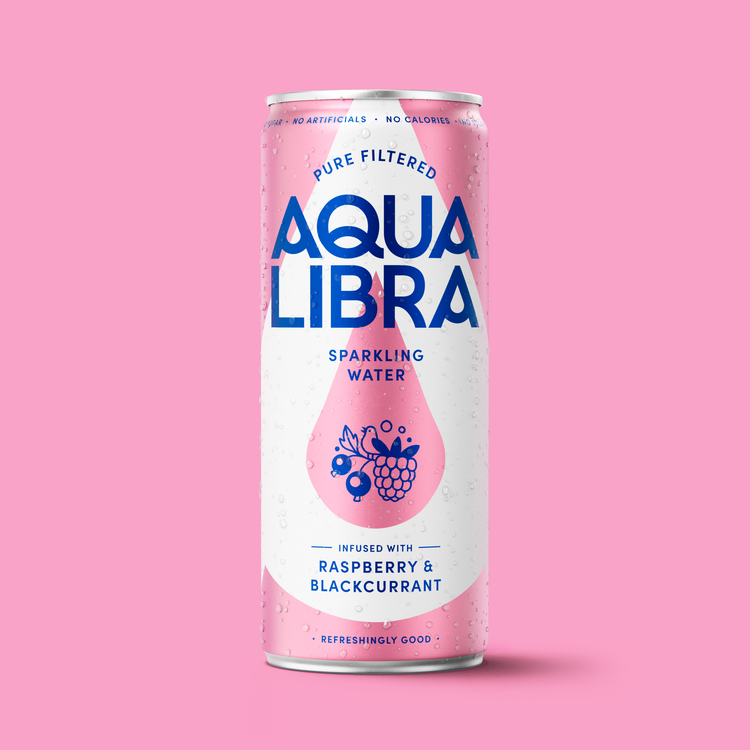 Aqua Libra sparkling water can on a pink background