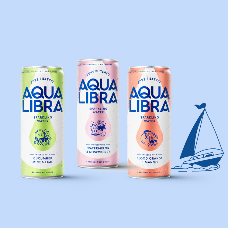 Three cans of Aqua Libra sparkling water with different flavors on a blue background.