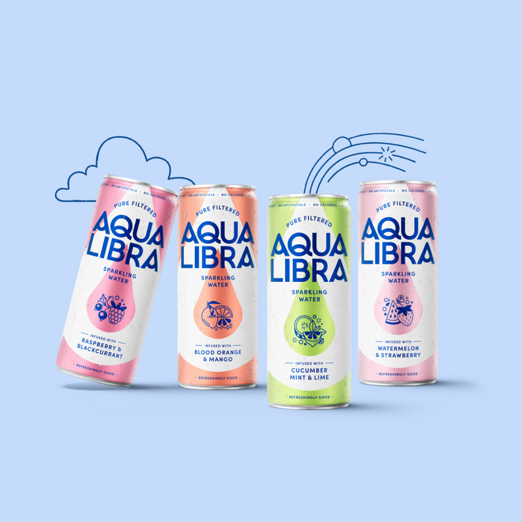 Four cans of Aqua Libra sparkling water on a light blue background
