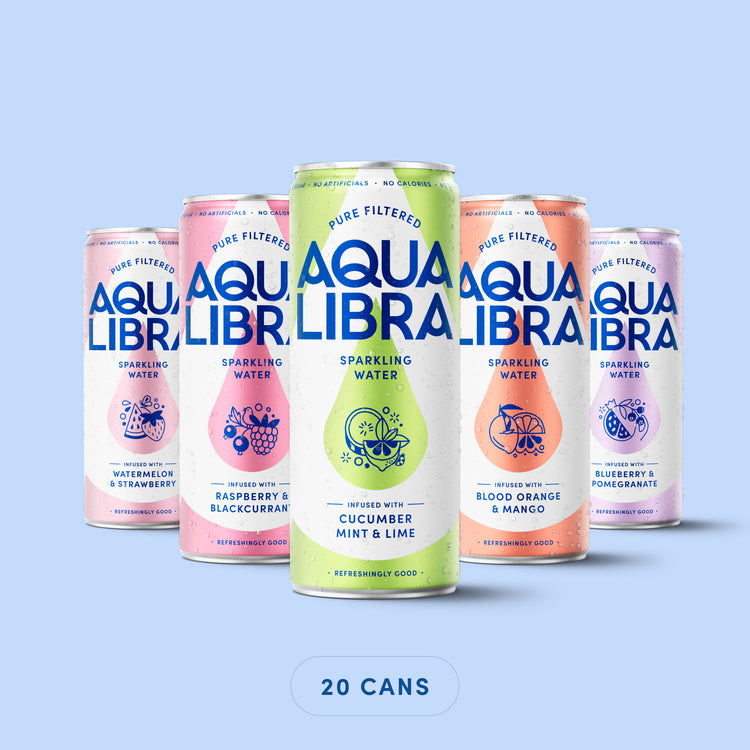 Aqua Libra sparkling water cans on a light blue background