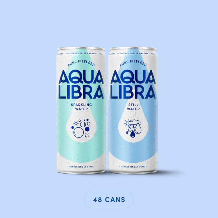 Two cans of Aqua Libra water on a light blue background